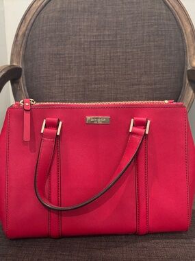 kate spade cherry red saffiano tote with gold accents
